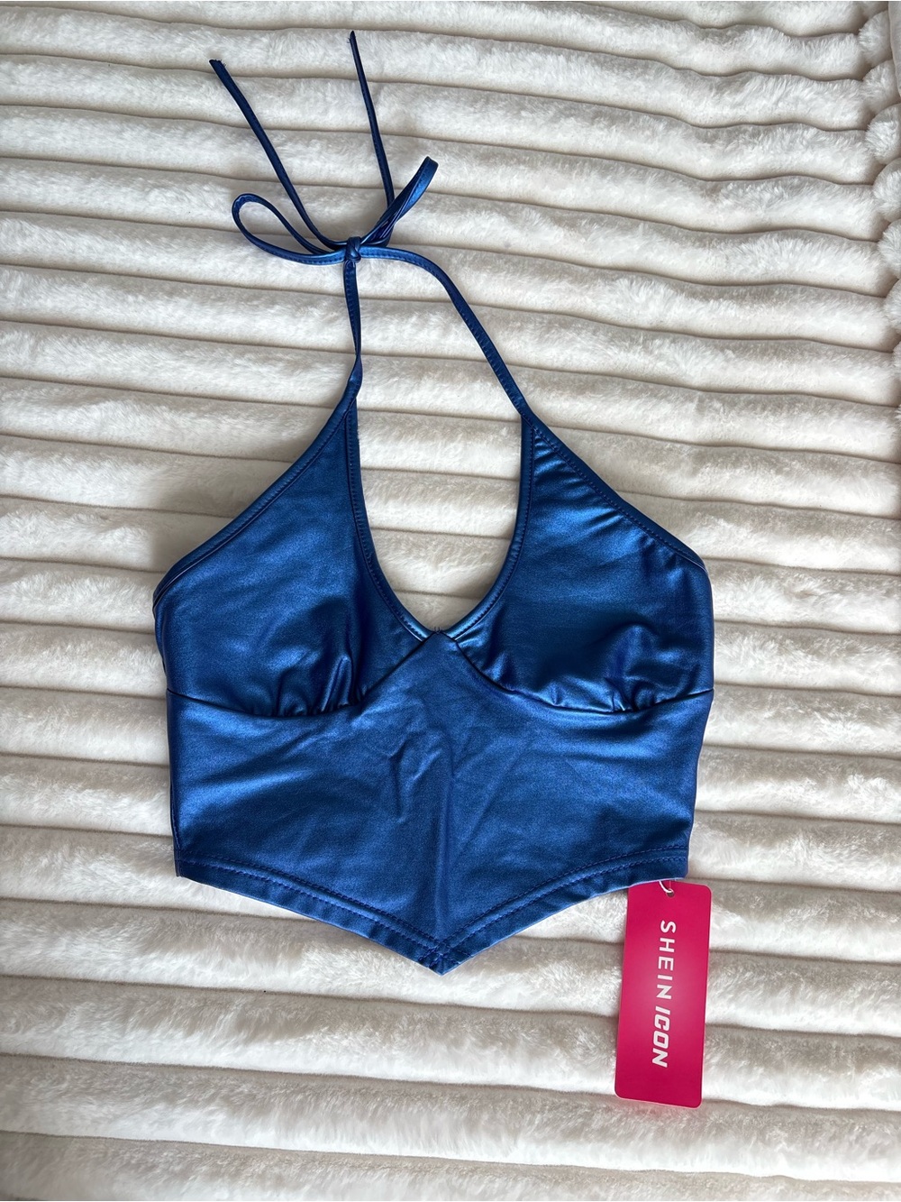 Shein Blue Shiny Halter Crop Top